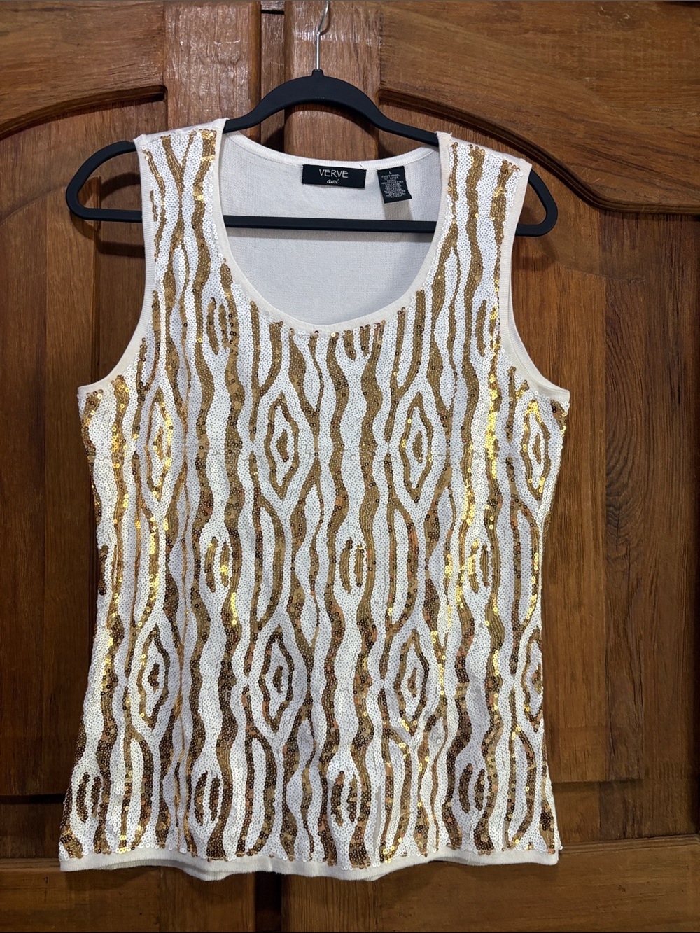 Verve Ami White Tank Top with Gold Sequin Wave Pattern
